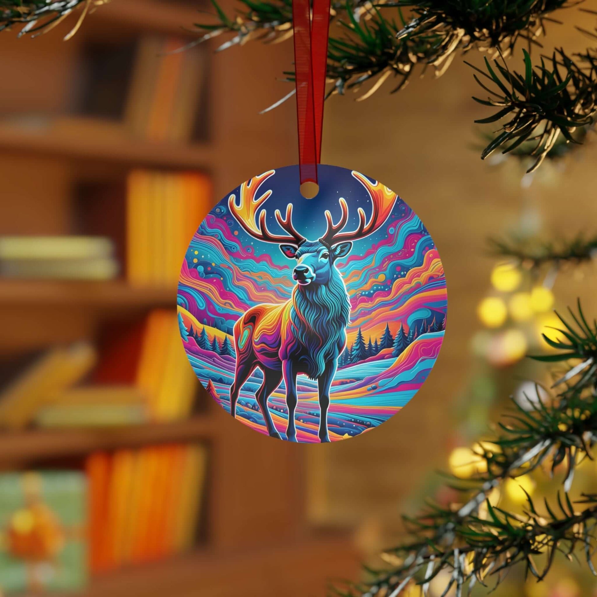 Wyld Peak trippy reindeer aluminum Christmas ornament hanging on a decorated holiday tree.