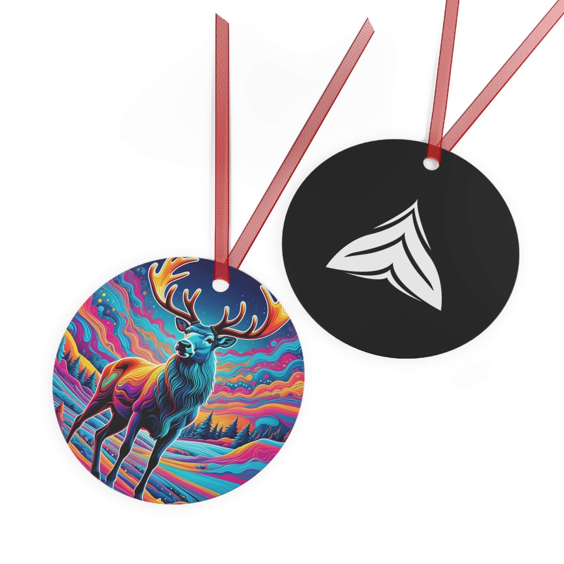 Front and back view of Wyld Peak trippy reindeer aluminum Christmas ornament displayed side by side on white background.