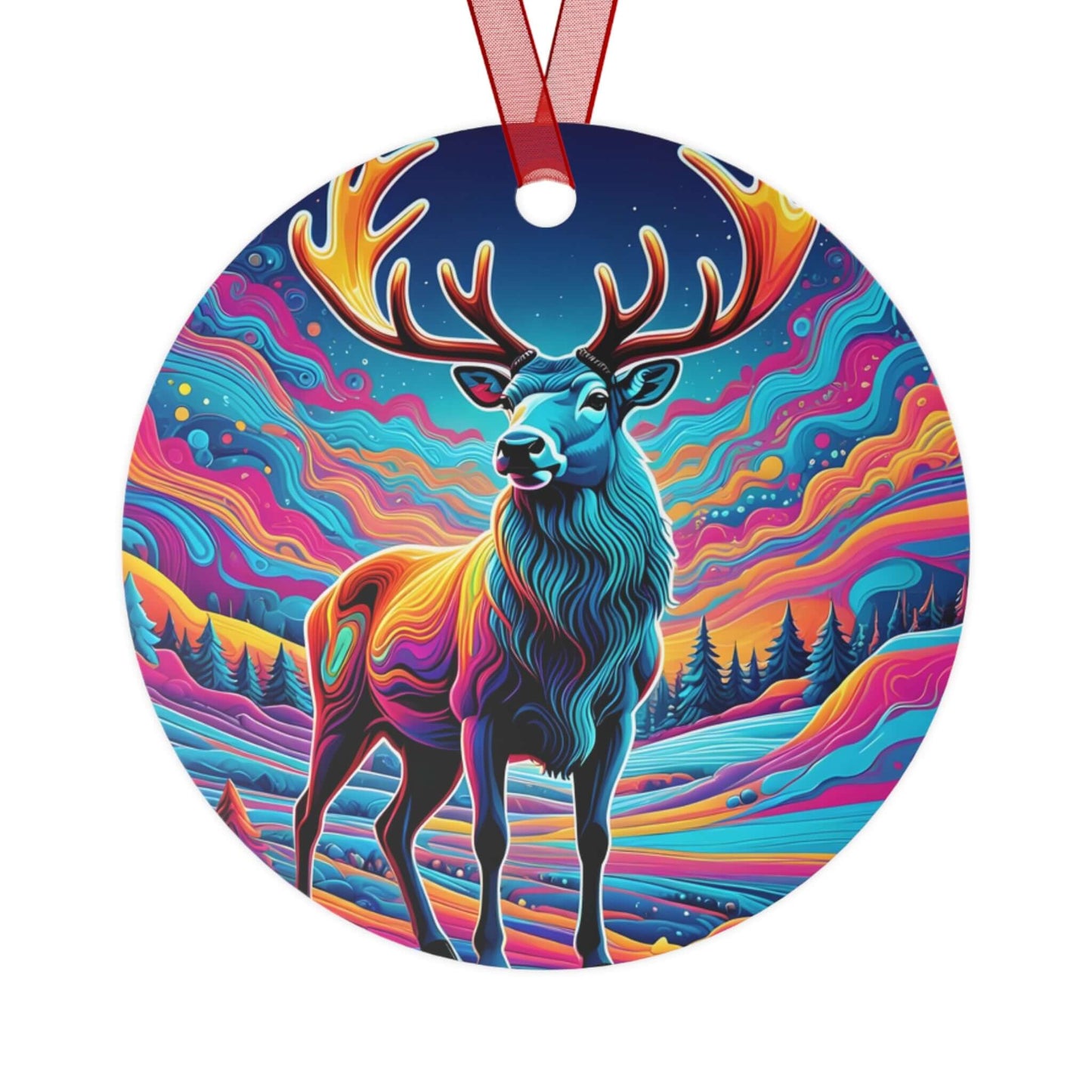 Front view of Wyld Peak trippy reindeer aluminum Christmas ornament on a white background.