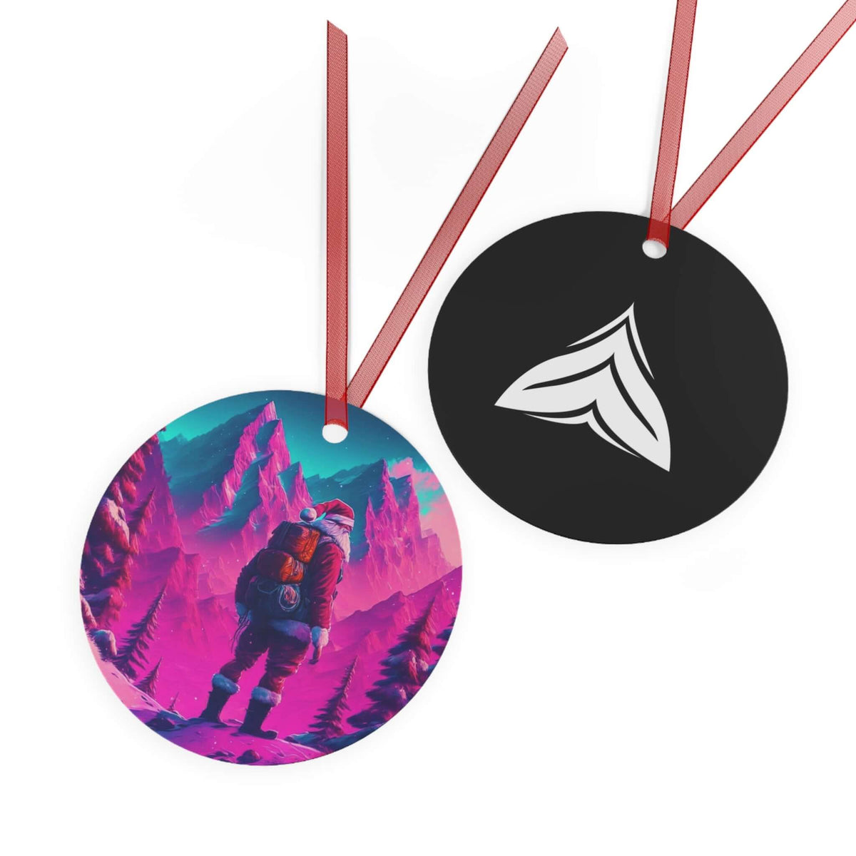 Wyld Peak trippy Santa aluminum ornament shown front and back with a white background.