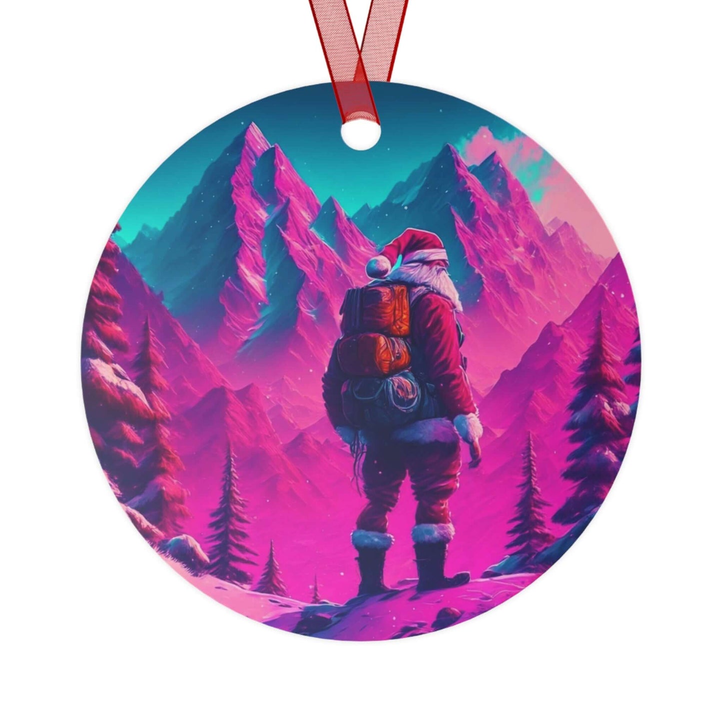 Front of Wyld Peak trippy Santa aluminum ornament with a white background.