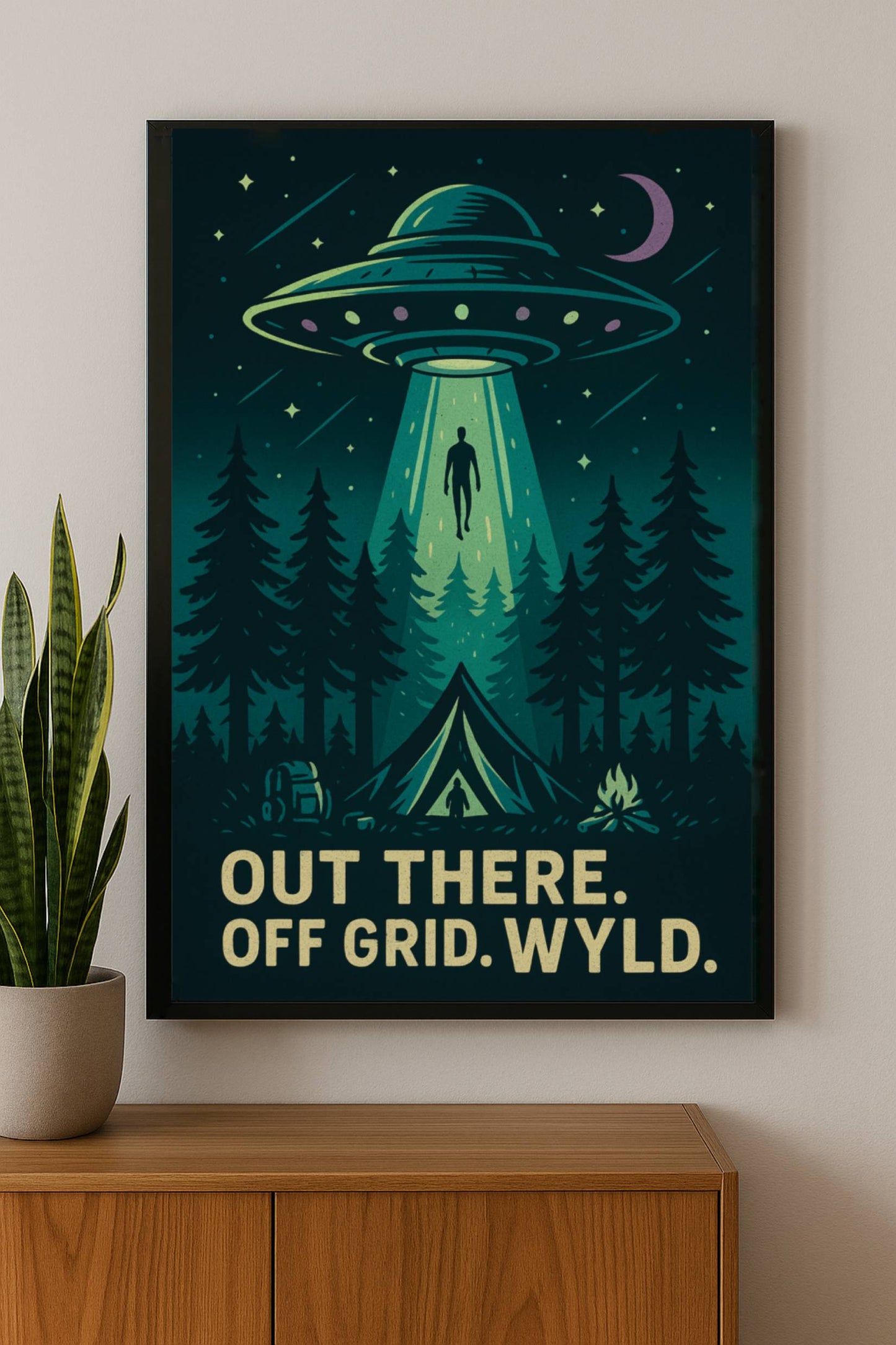 Wyld Peak UFO alien abduction poster on a wall with caption “Out there. Off grid. Wyld.”