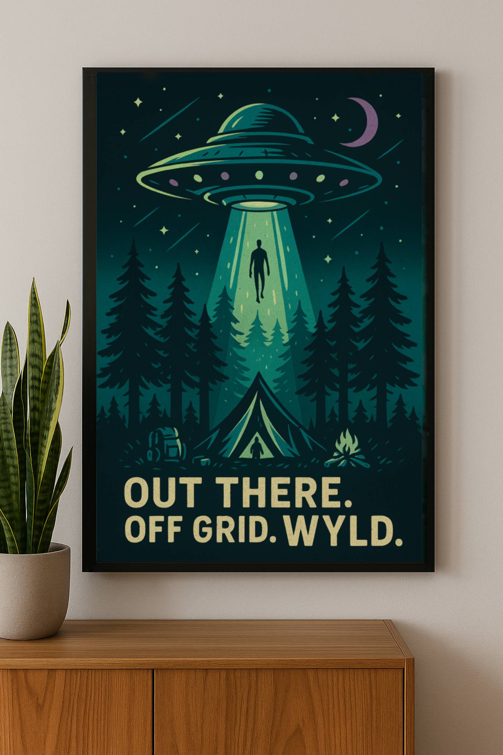 Wyld Peak UFO alien abduction poster on a wall with caption “Out there. Off grid. Wyld.”