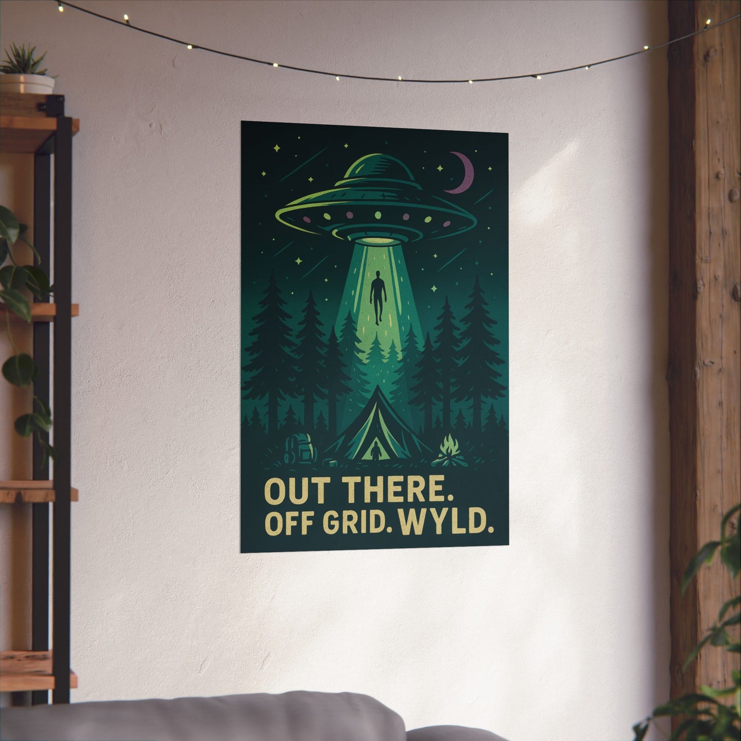 Wyld Peak poster featuring a UFO alien abduction design with “Out there. Off grid. Wyld.” caption