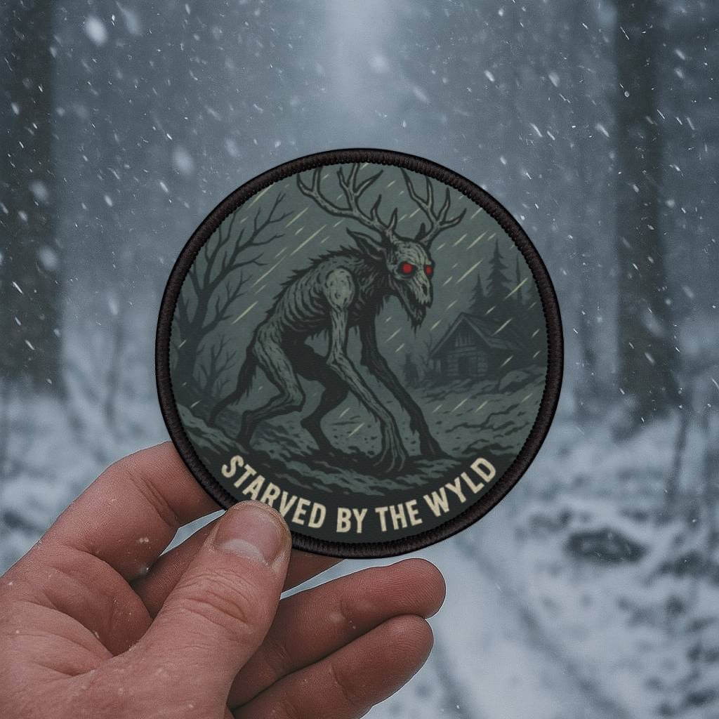 Wendigo Cold Survival Patch by Wyld Peak being held in a snowy, winter forest trail setting