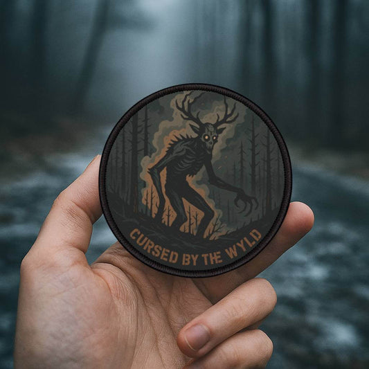 Wendigo cryptid patch by Wyld Peak being held in a dark American forest, inspired by haunted folklore