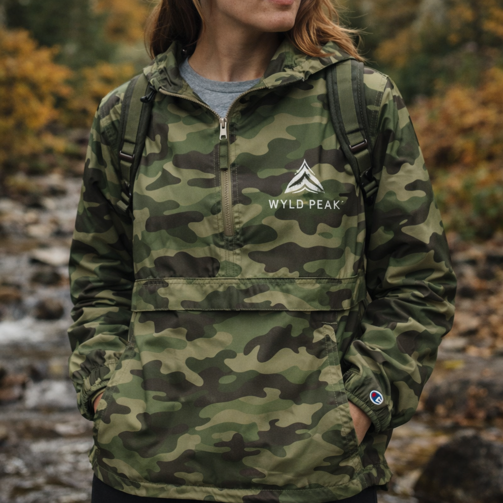 Person wearing a camouflage jacket with Wyld Peak logo in a forest setting