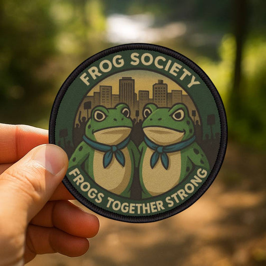 Wyld Frog Society patch held in a forest environment, playful nature themed design for outdoor gear