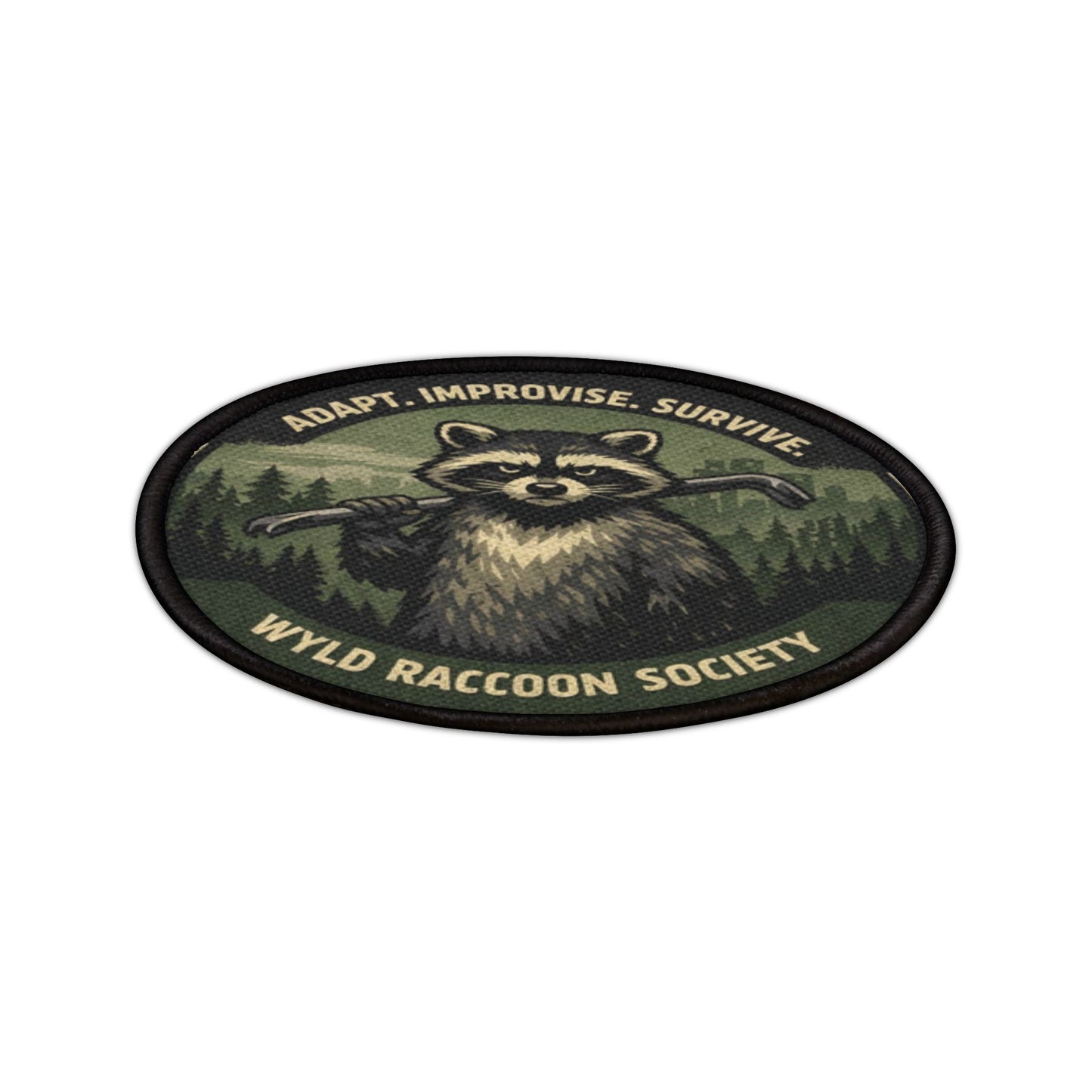 Close up angled view of the Wyld Raccoon Society patch highlighting stitching depth and texture