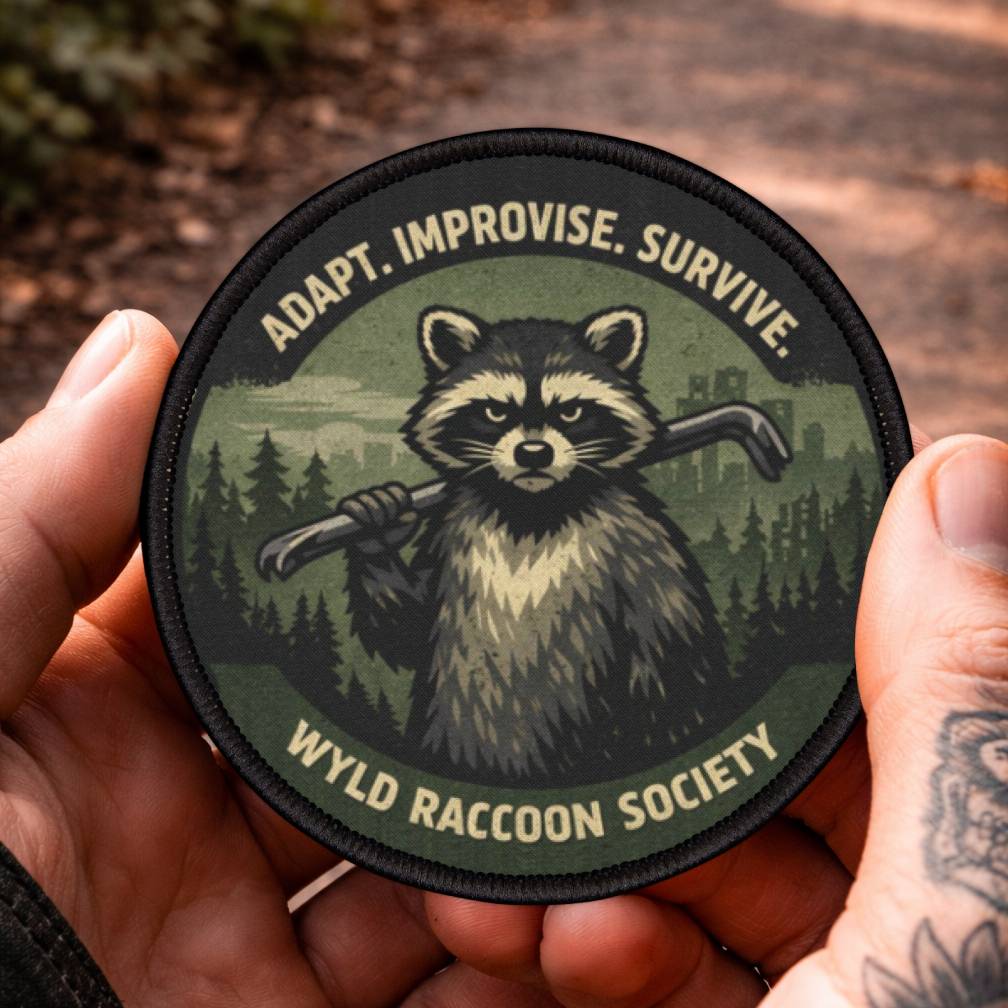 Wyld Raccoon Society embroidered patch held outdoors, playful yet rugged design for adventure gear