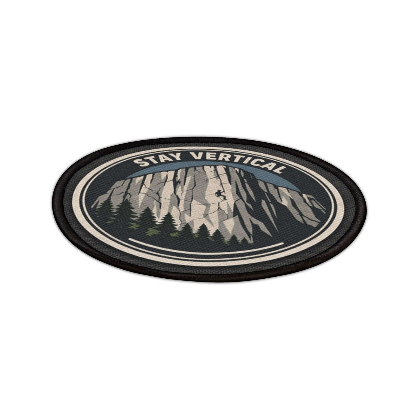 Close up angled view of the Yosemite Stay Vertical patch showing stitched lettering and texture