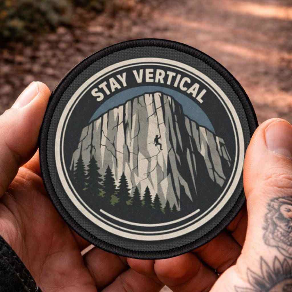 Yosemite Stay Vertical patch held in a forest, climbing inspired design for mountain lovers