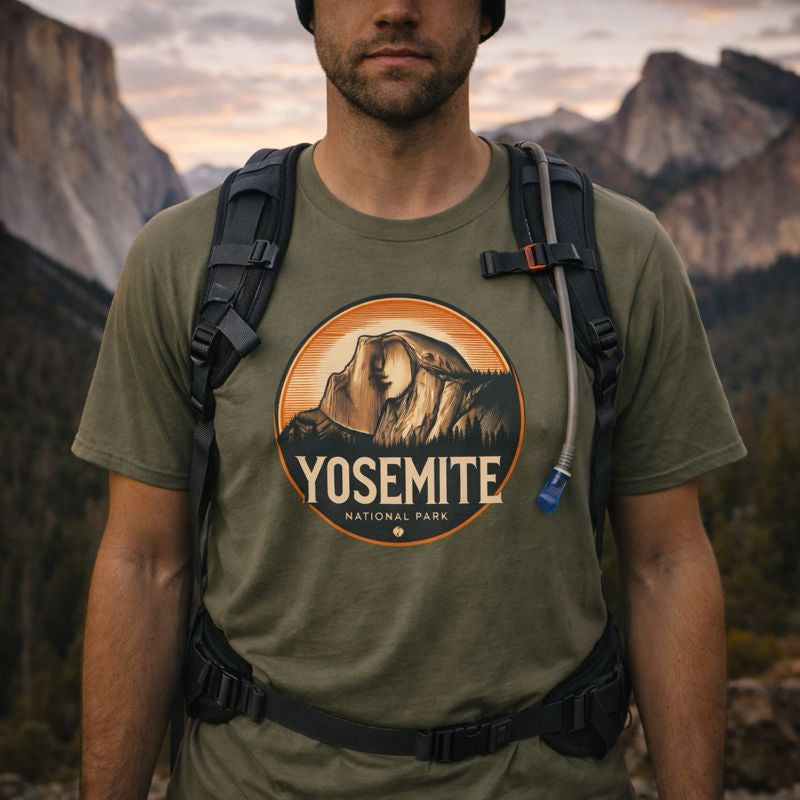 Man wearing a green t-shirt with Yosemite National Park logo and backpack, standing in front of mountains.