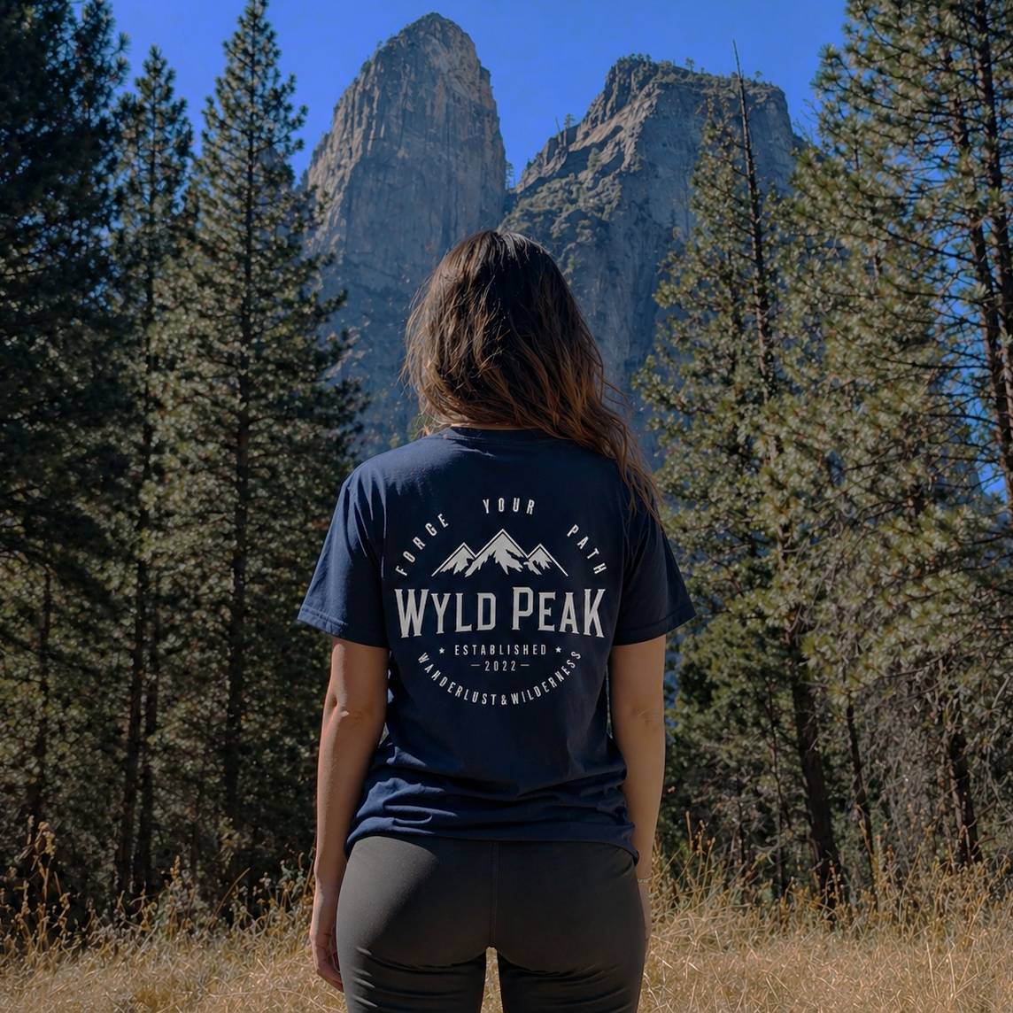 Person wearing a 'Wyld Peak' t-shirt in a forest with mountains in the background