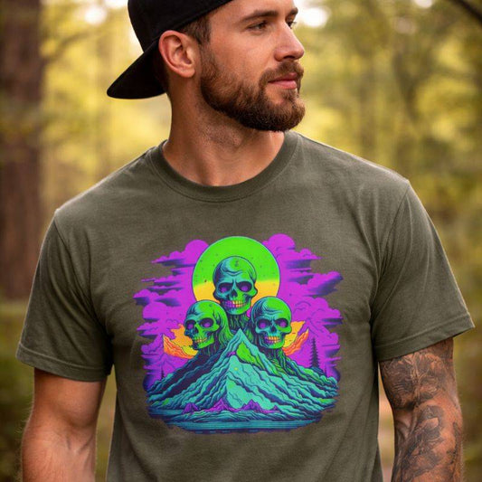 Man wearing a green t-shirt with a colorful graphic design outdoors.