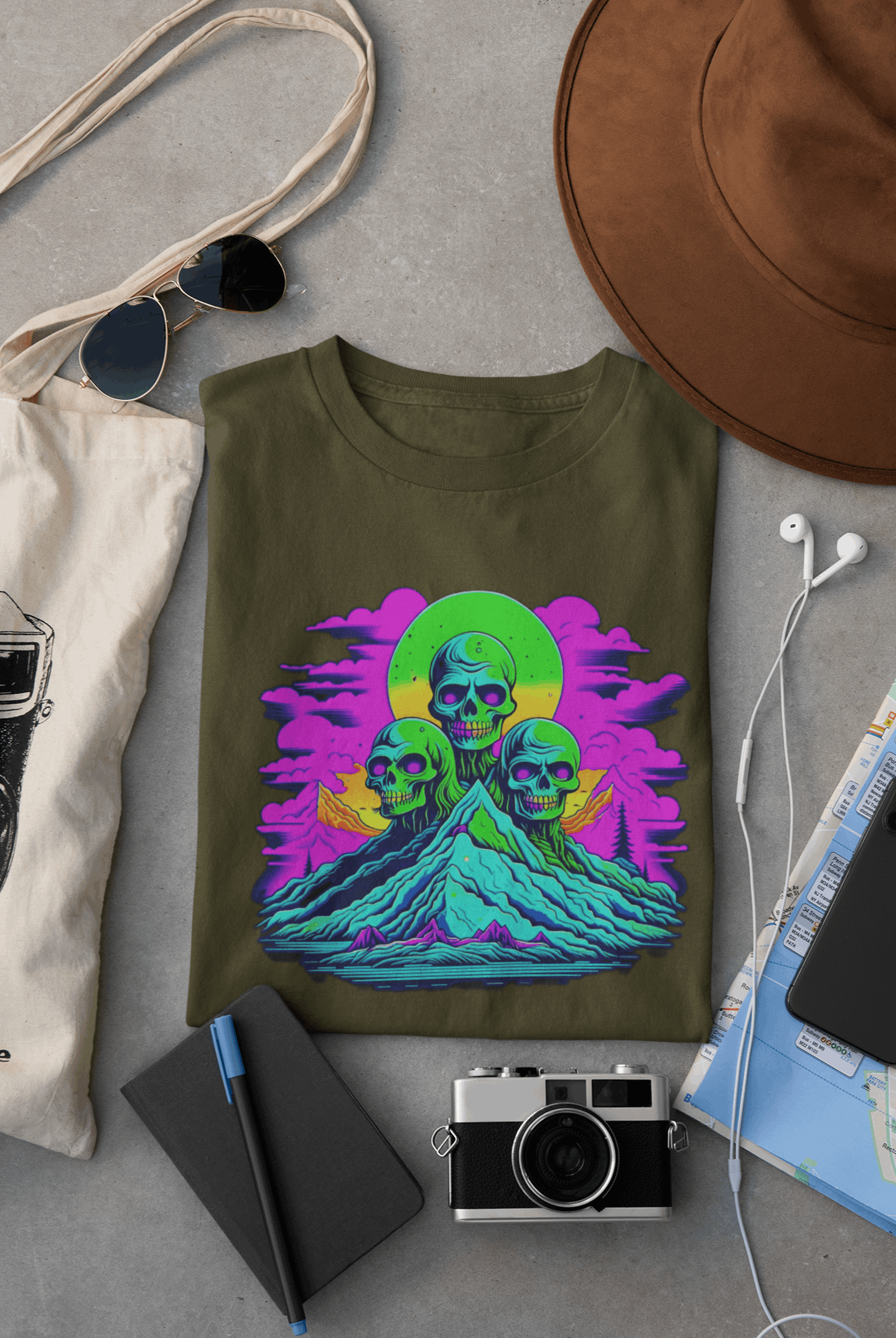 Wyld Peak Zombie Skull organic cotton skater women's T-shirt in army green lay flat on desk.