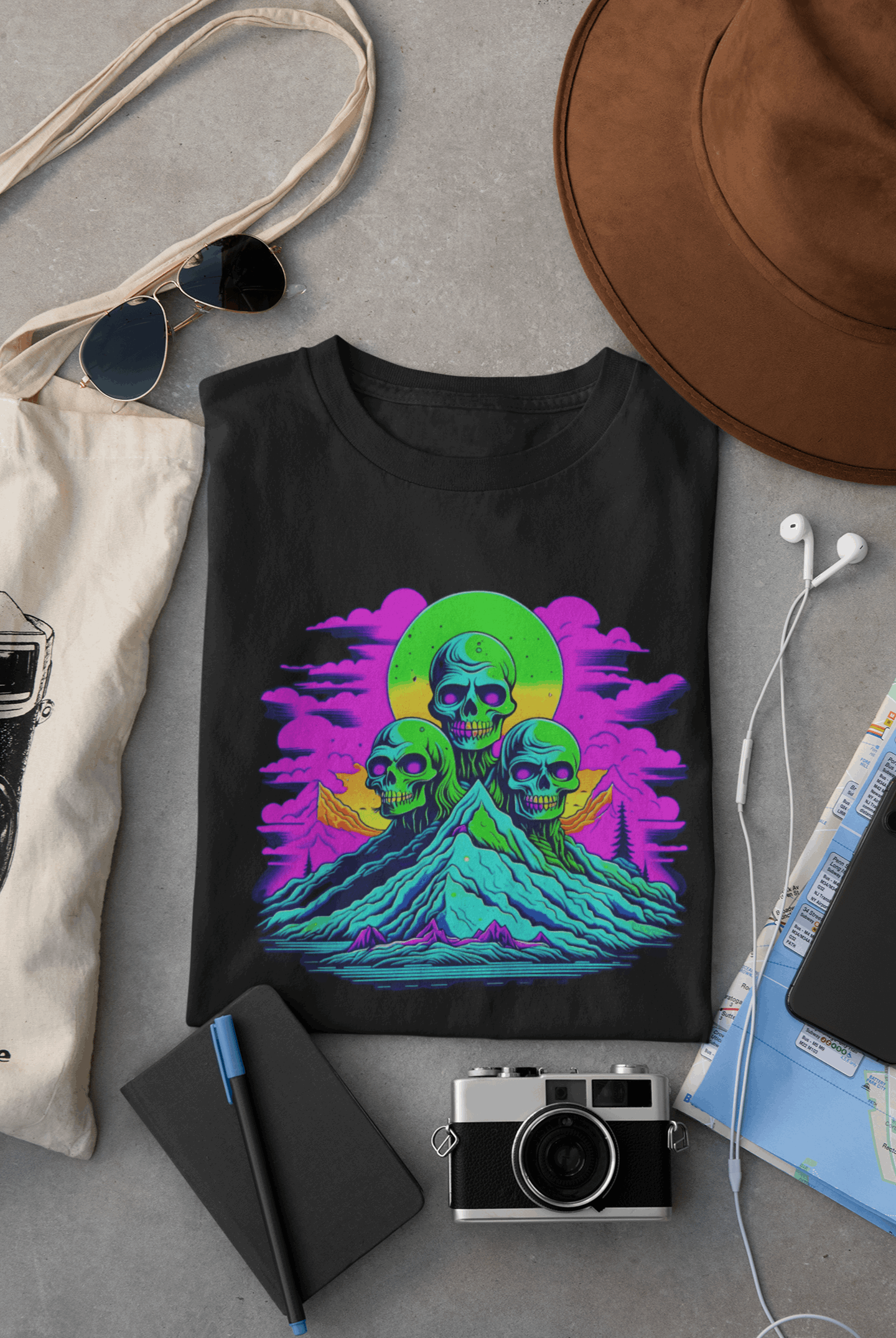 Wyld Peak Zombie Skull organic cotton skater men's T-shirt in black lay flat on desk
