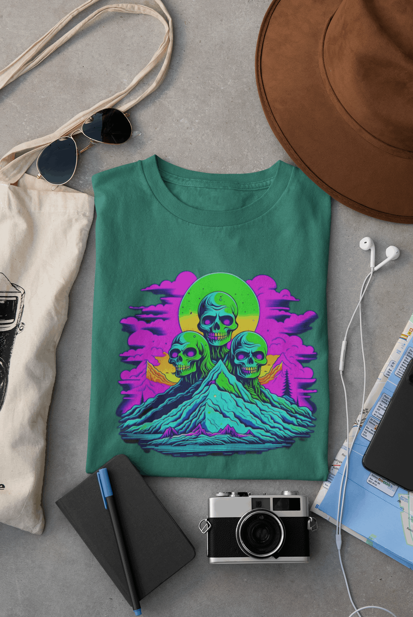 Wyld Peak Zombie Skull organic cotton skater women's T-shirt in heather galapagos blue lay flat on desk.