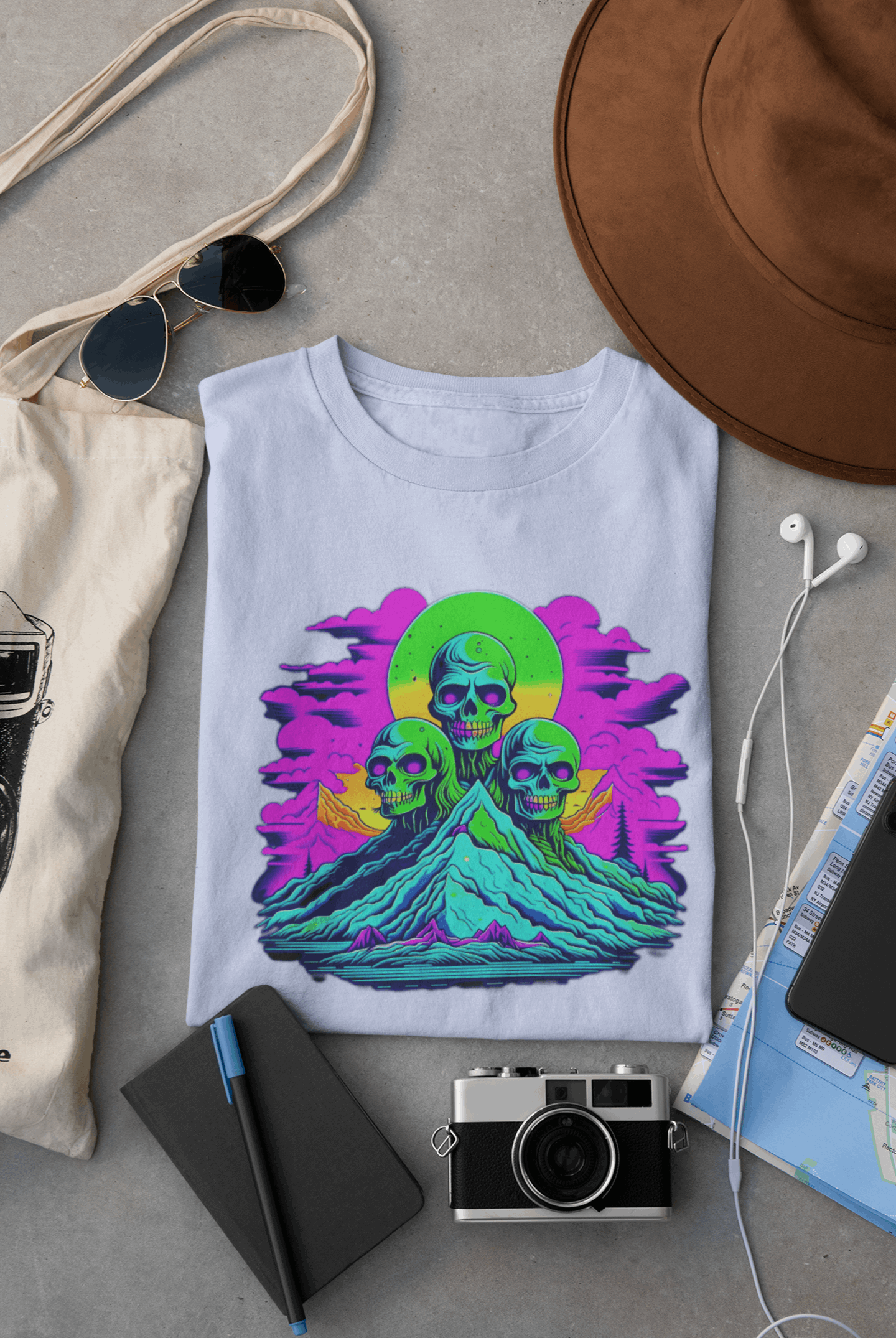Wyld Peak Zombie Skull organic cotton skater women's T-shirt in light blue lay flat on desk.