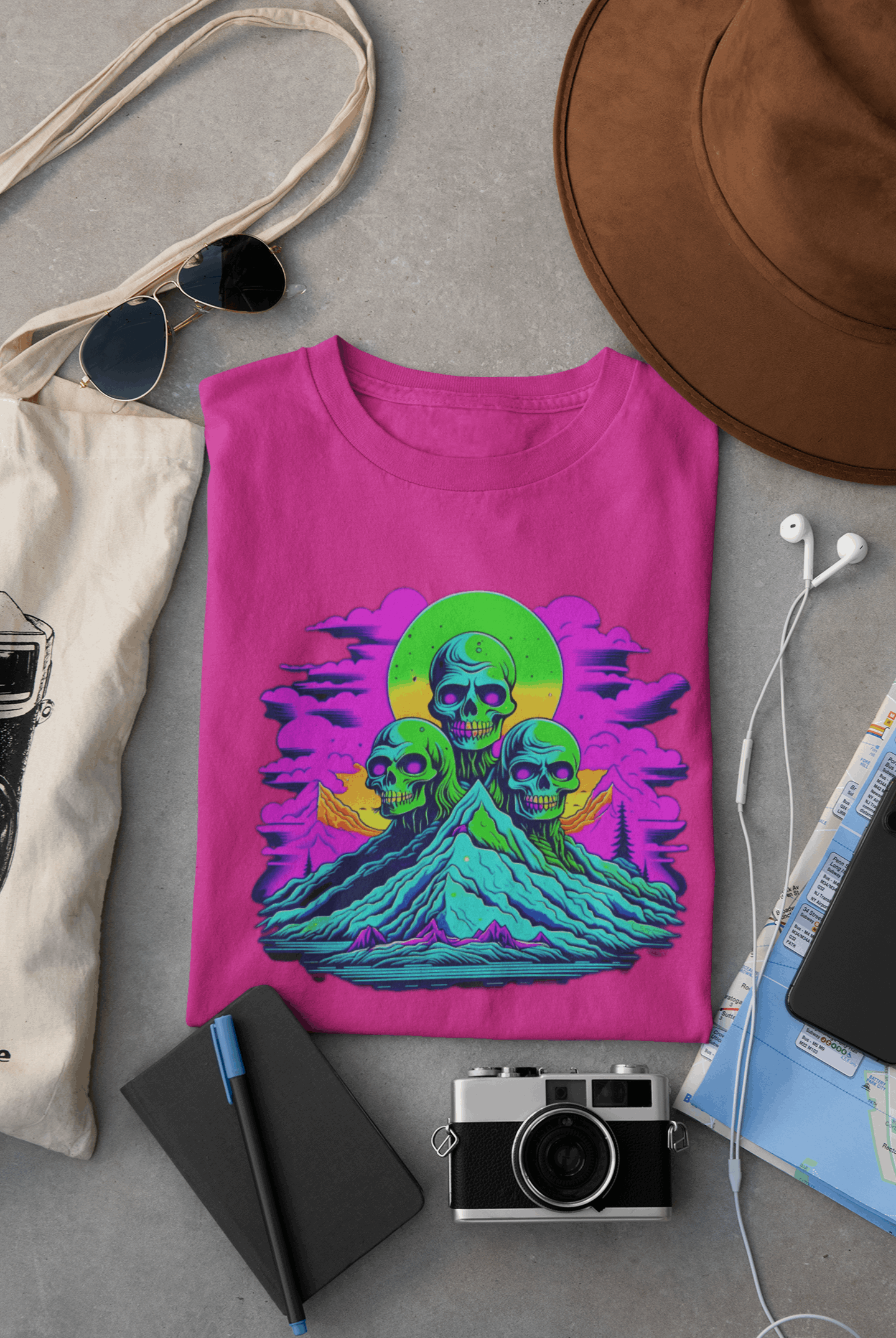 Wyld Peak Zombie Skull organic cotton skater women's T-shirt in pink lay flat on desk.