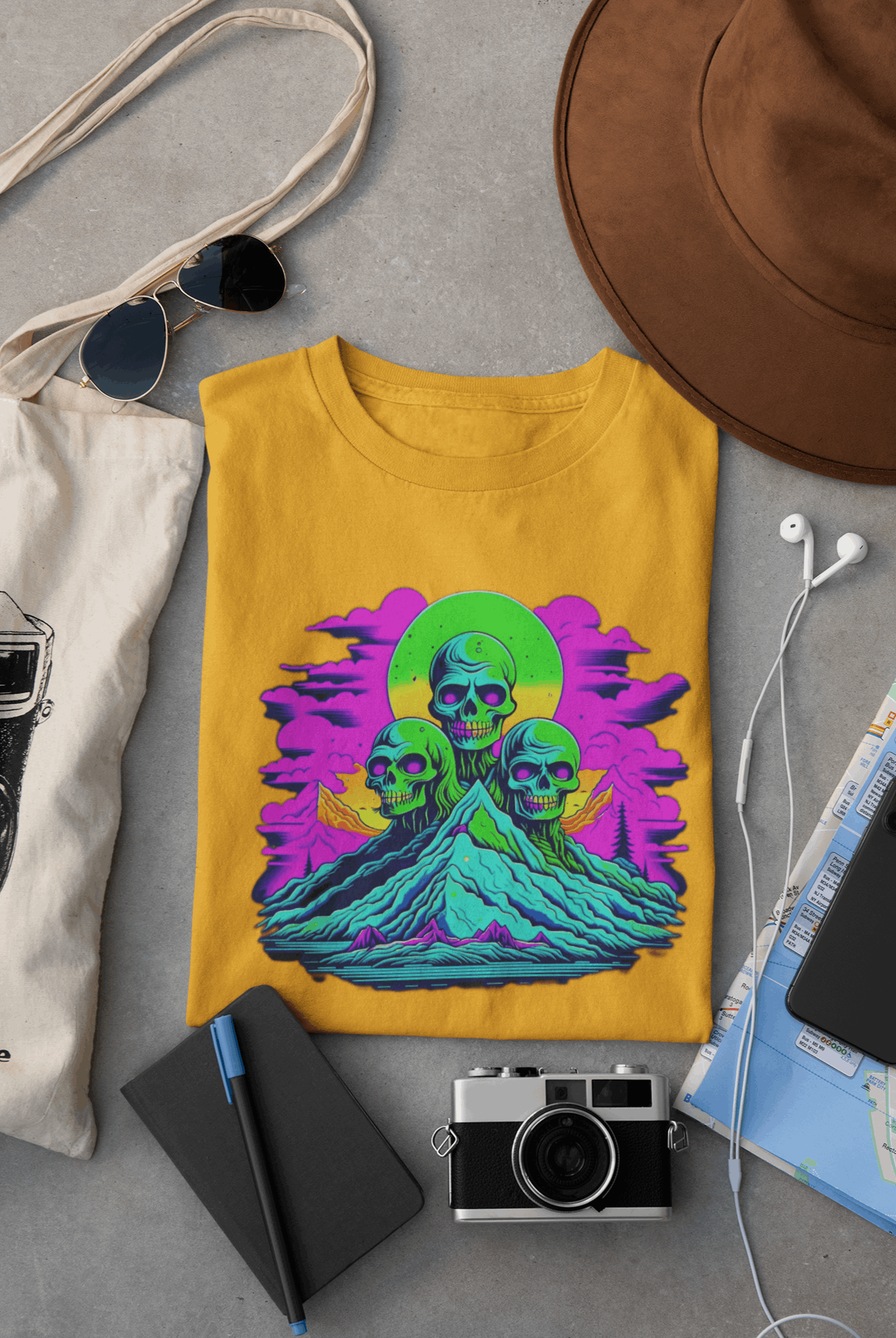 Wyld Peak Zombie Skull organic cotton skater women's T-shirt in yellow lay flat on desk.