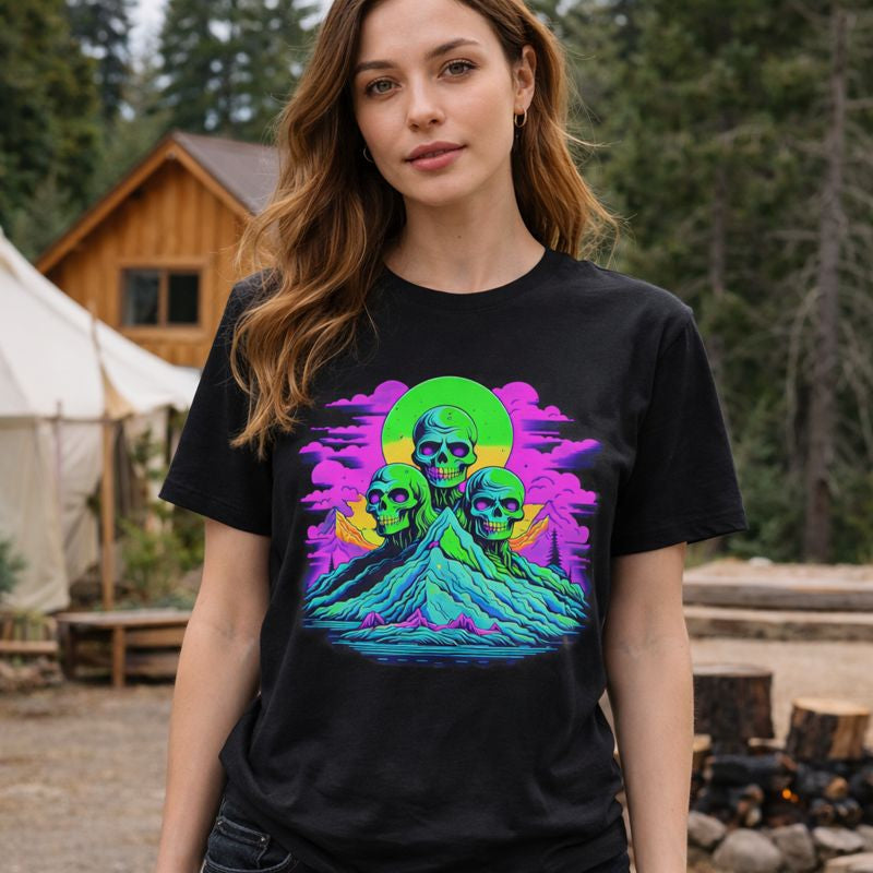 Woman wearing a black t-shirt with a colorful graphic design outdoors.