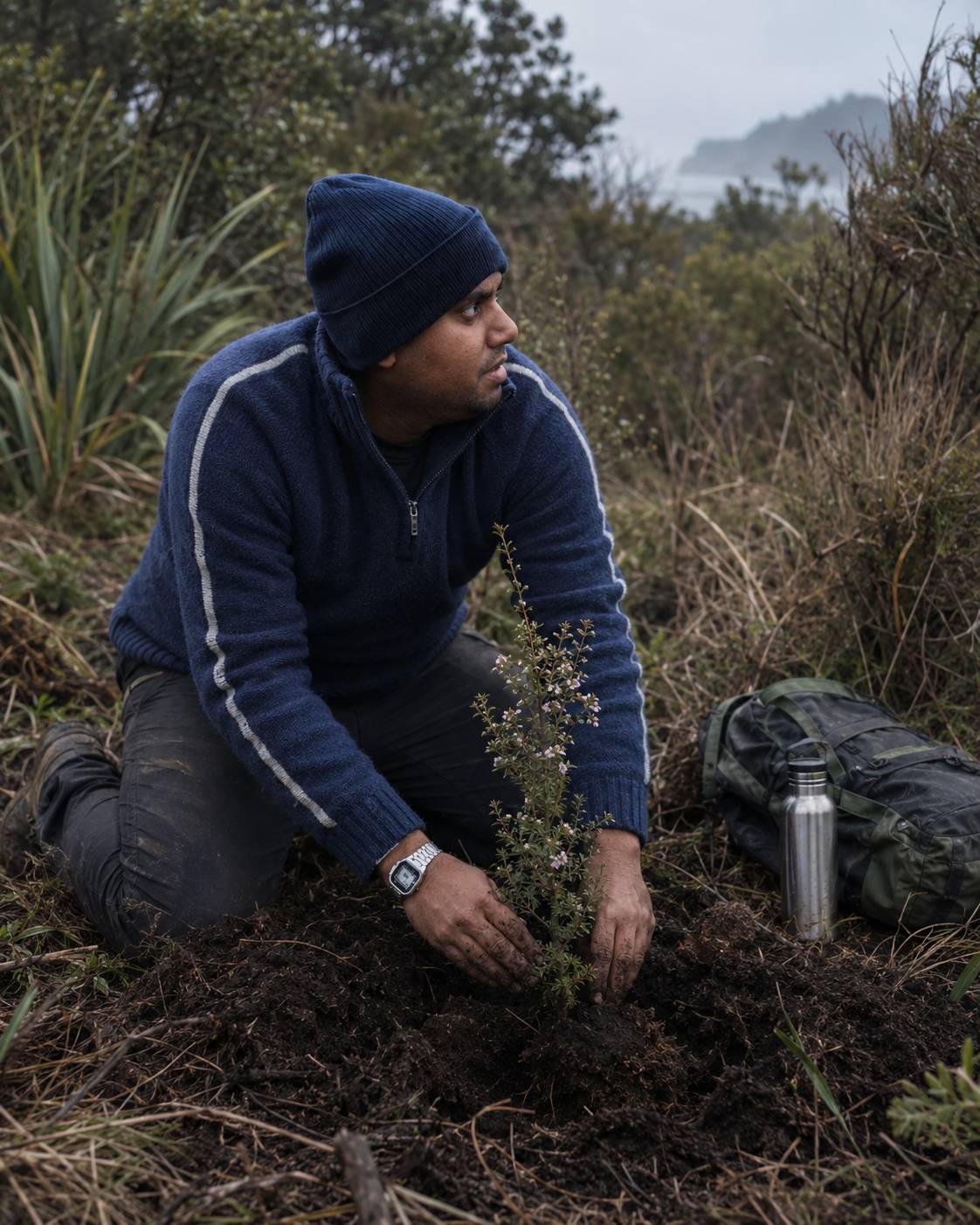 Person planting a small tree in a natural setting with a watch on their wrist.