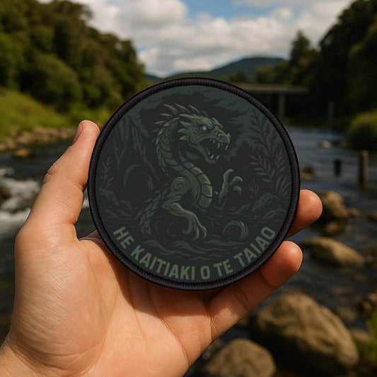 Wyld Peak Taniwha patch being held near a flowing river on a trail