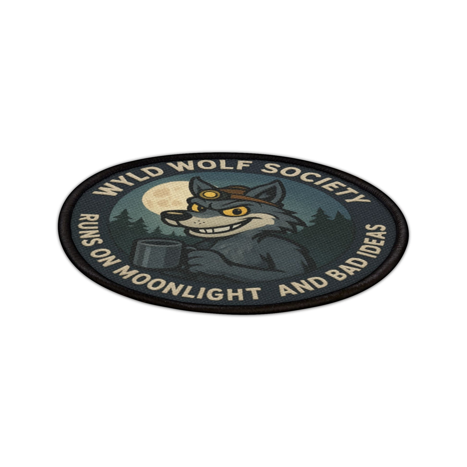 Close up angled view of the Wyld Wolf Society patch highlighting textured stitching and depth