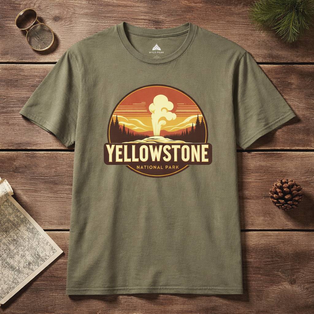 Green t-shirt with Yellowstone National Park graphic on a wooden surface