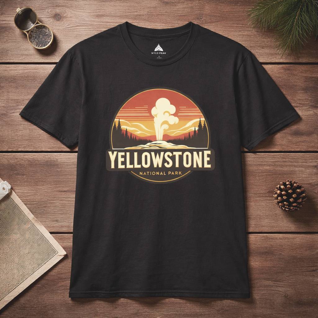 Black t-shirt with Yellowstone National Park graphic on a wooden surface