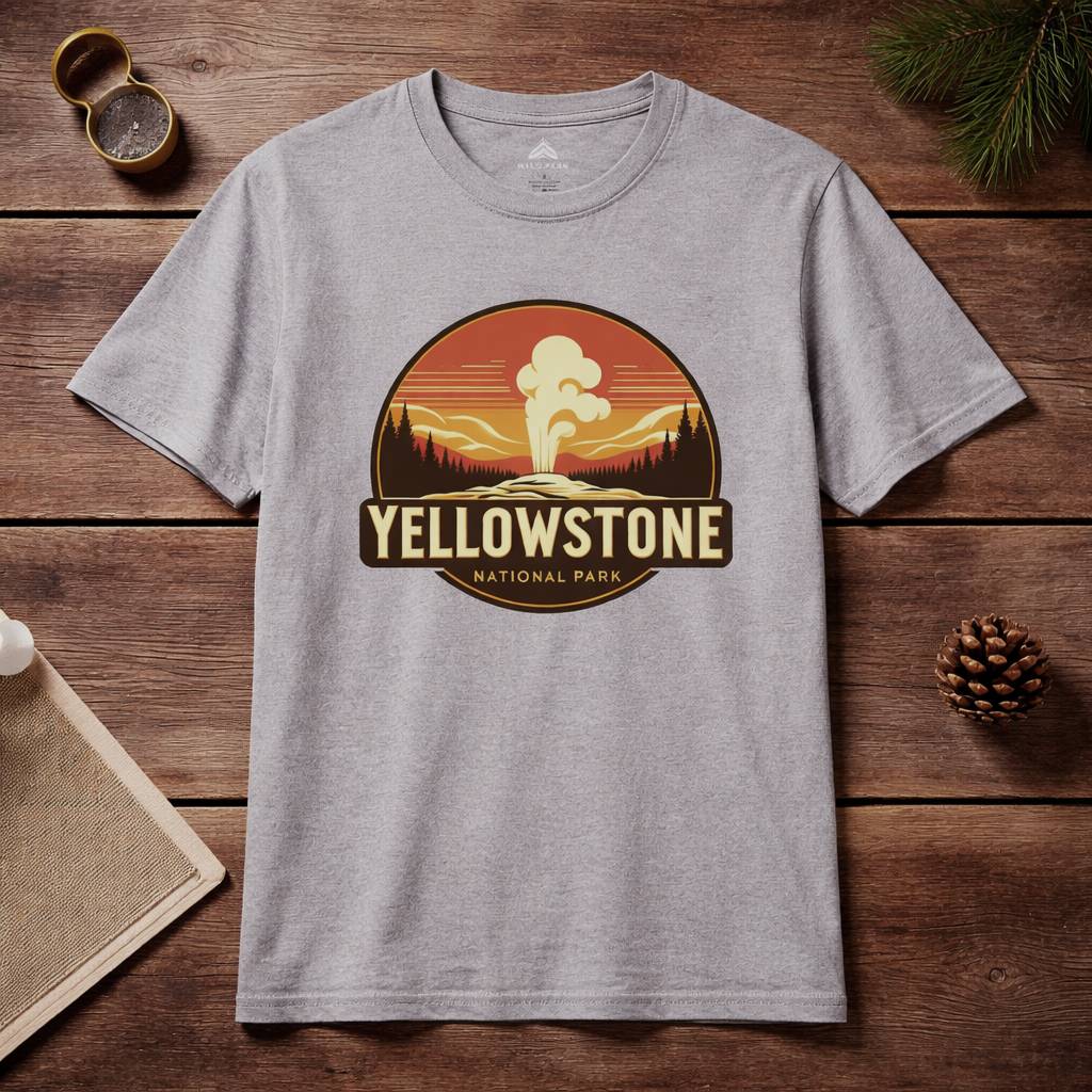 Gray t-shirt with Yellowstone National Park graphic on a wooden surface