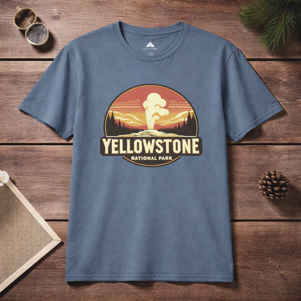 Blue t-shirt with Yellowstone National Park graphic on a wooden surface