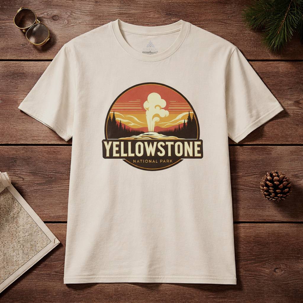 Beige t-shirt with Yellowstone National Park graphic on a wooden surface