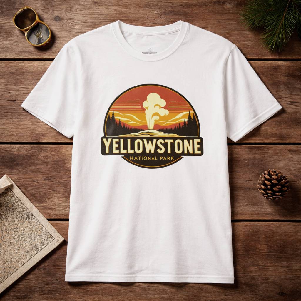 White t-shirt with Yellowstone National Park graphic on a wooden surface