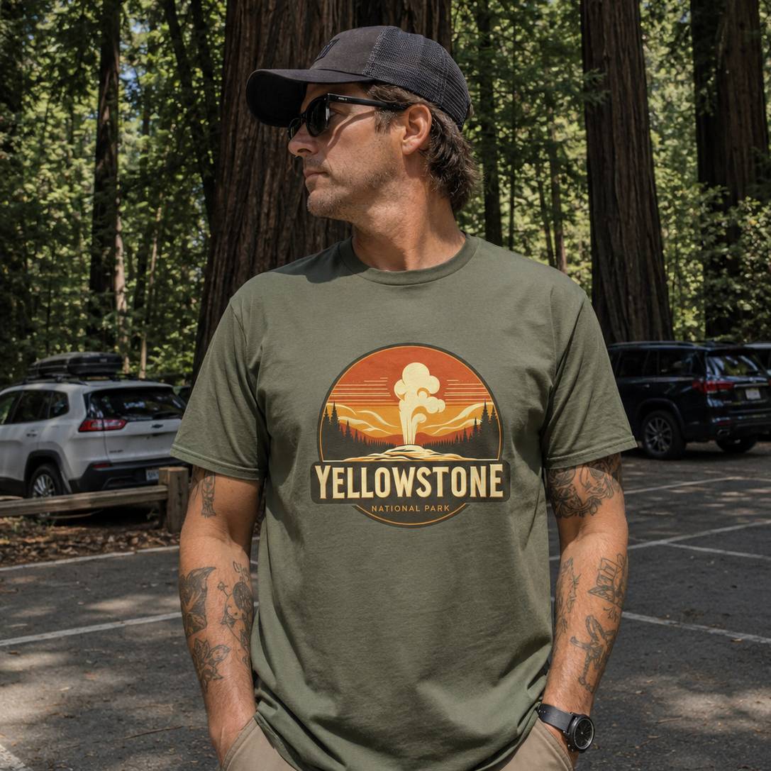 Man wearing a green t-shirt with Yellowstone National Park logo in a forest setting
