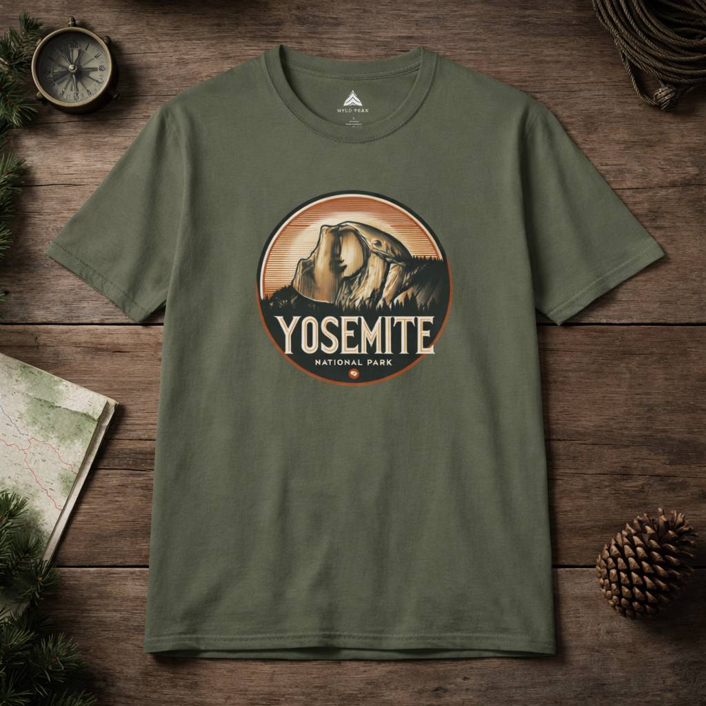 Green t-shirt with Yosemite National Park graphic on a wooden surface