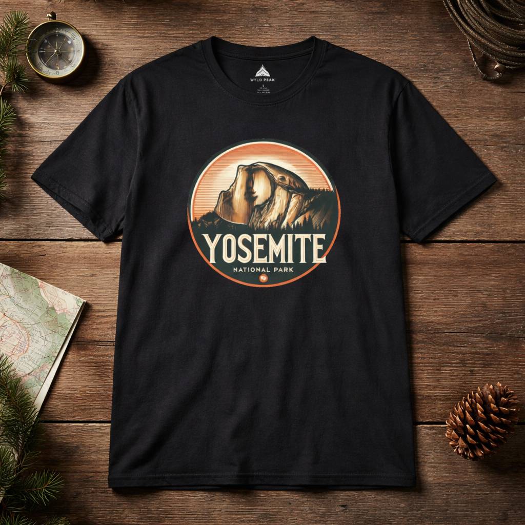 Black t-shirt with Yosemite National Park graphic on a wooden surface with nature-themed items.