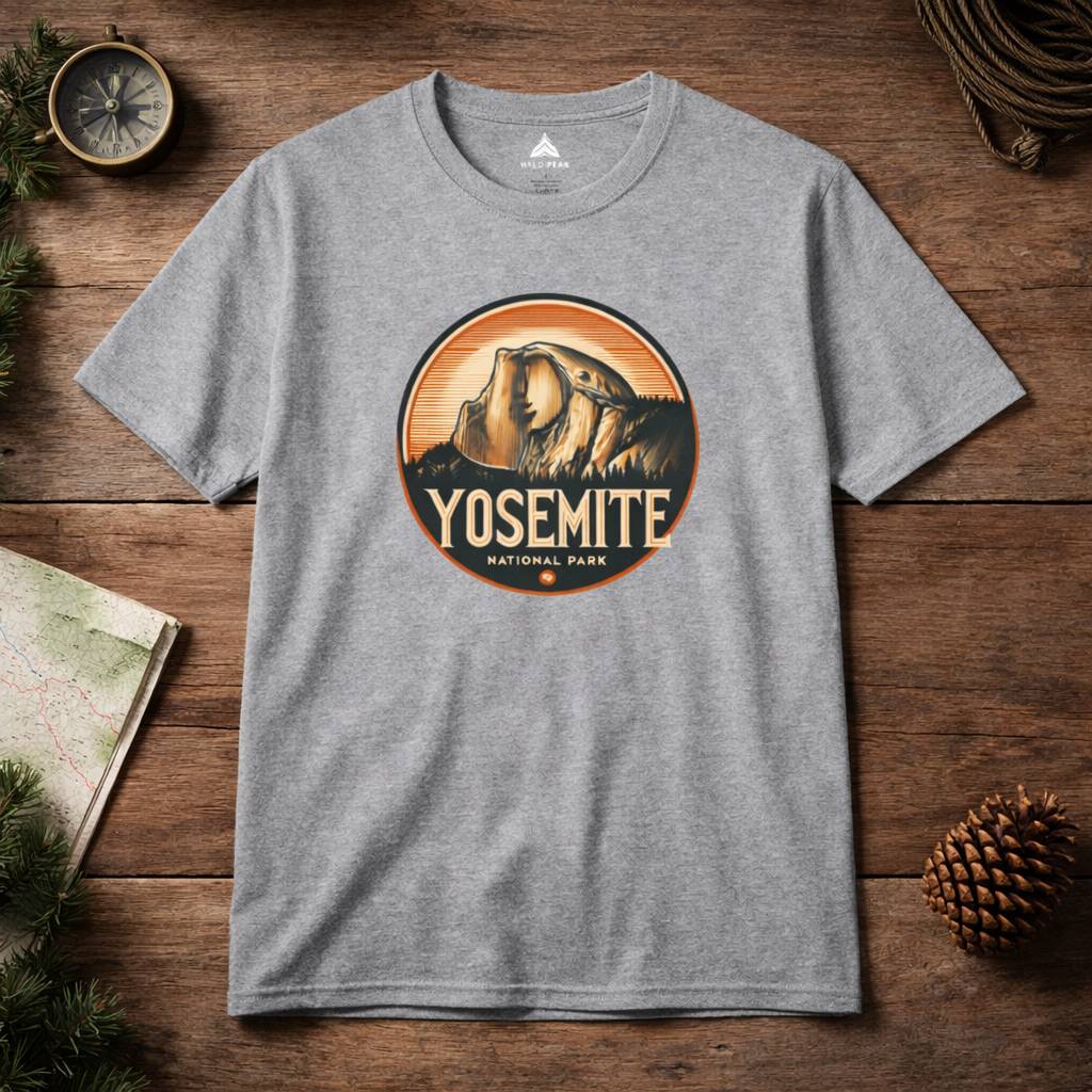 Gray t-shirt with Yosemite National Park graphic on a wooden surface