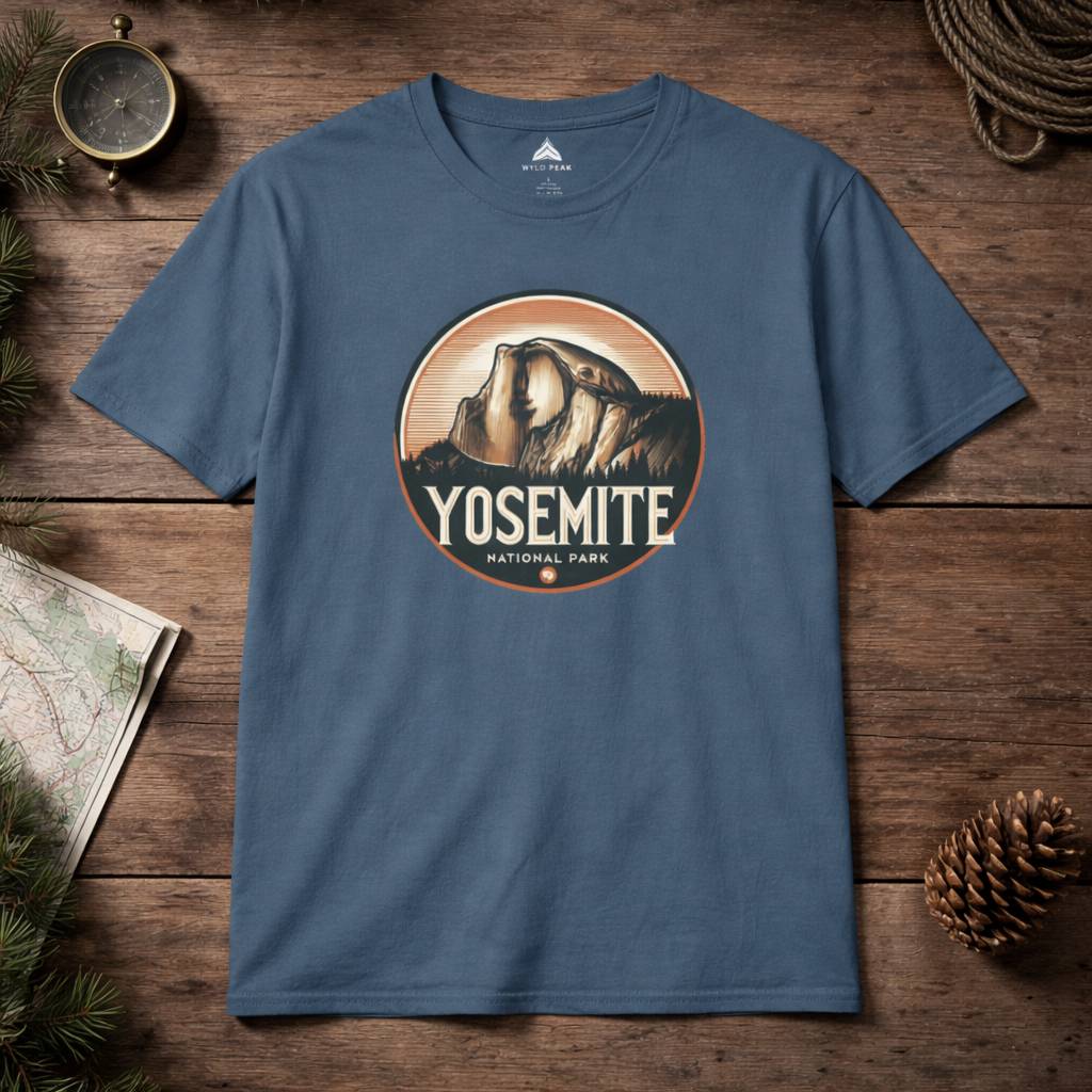 Blue t-shirt with Yosemite National Park graphic on a wooden surface with nature-themed items.