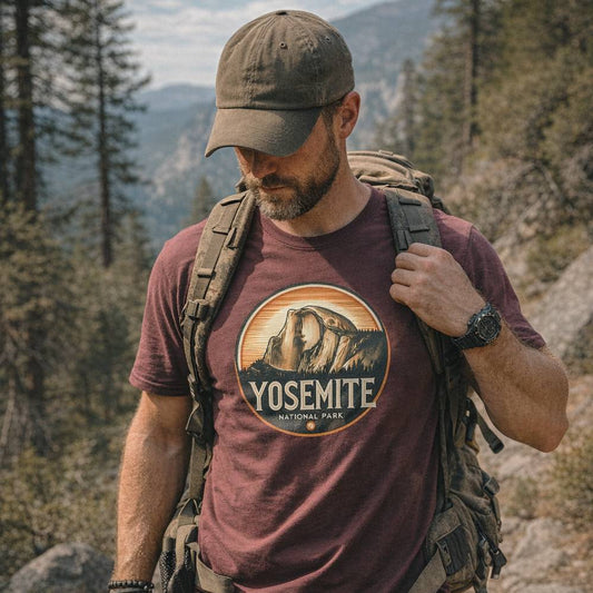 Man hiking in a forest wearing a Yosemite National Park t-shirt and backpack.