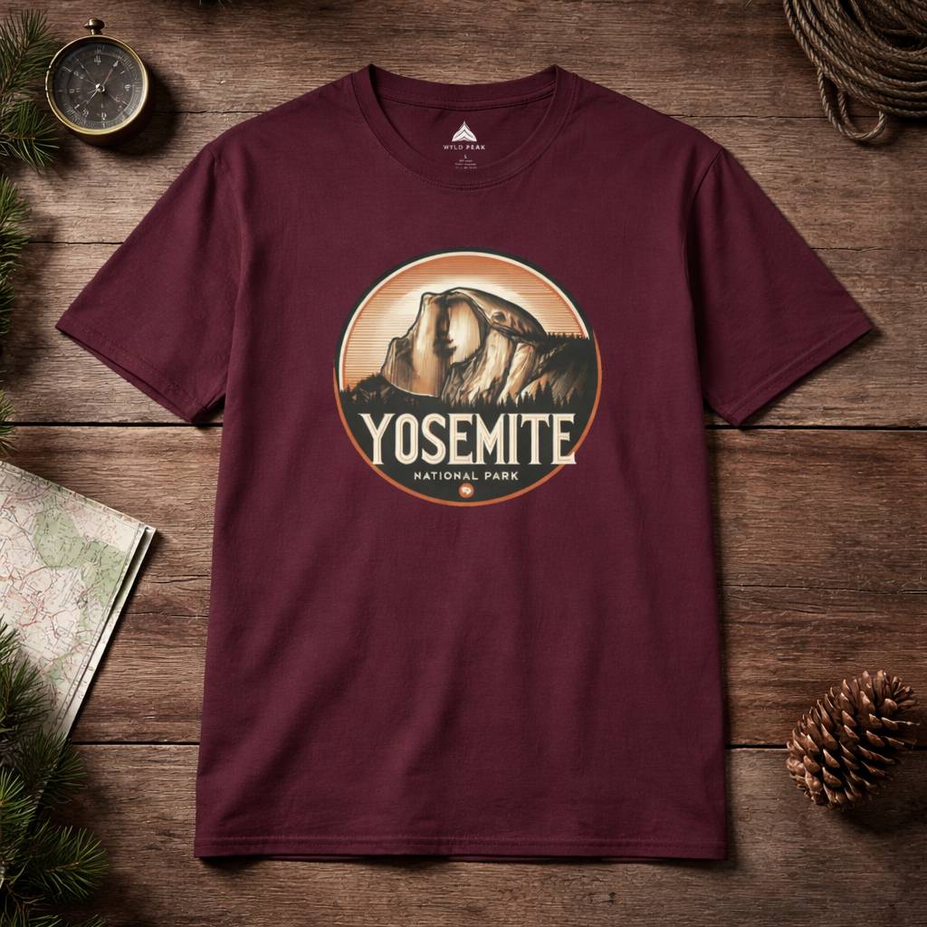 Maroon t-shirt with Yosemite National Park graphic on a wooden surface with nature-themed items.
