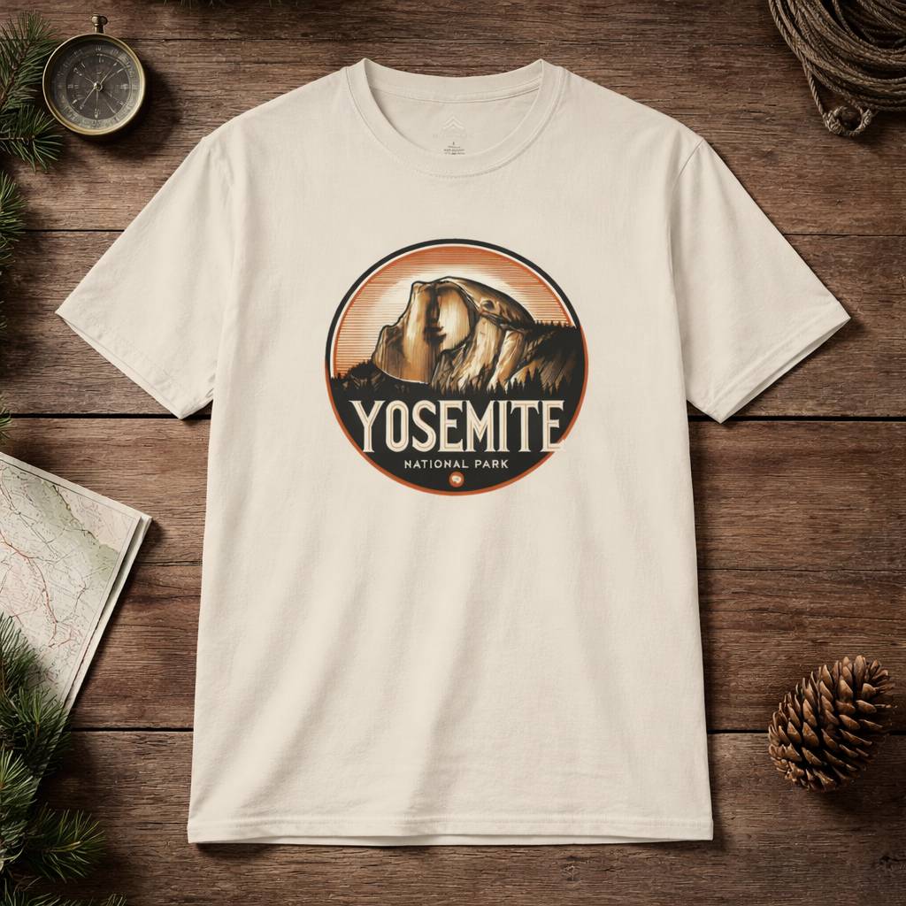 Beige t-shirt with Yosemite National Park graphic on a wooden surface with nature-themed items.
