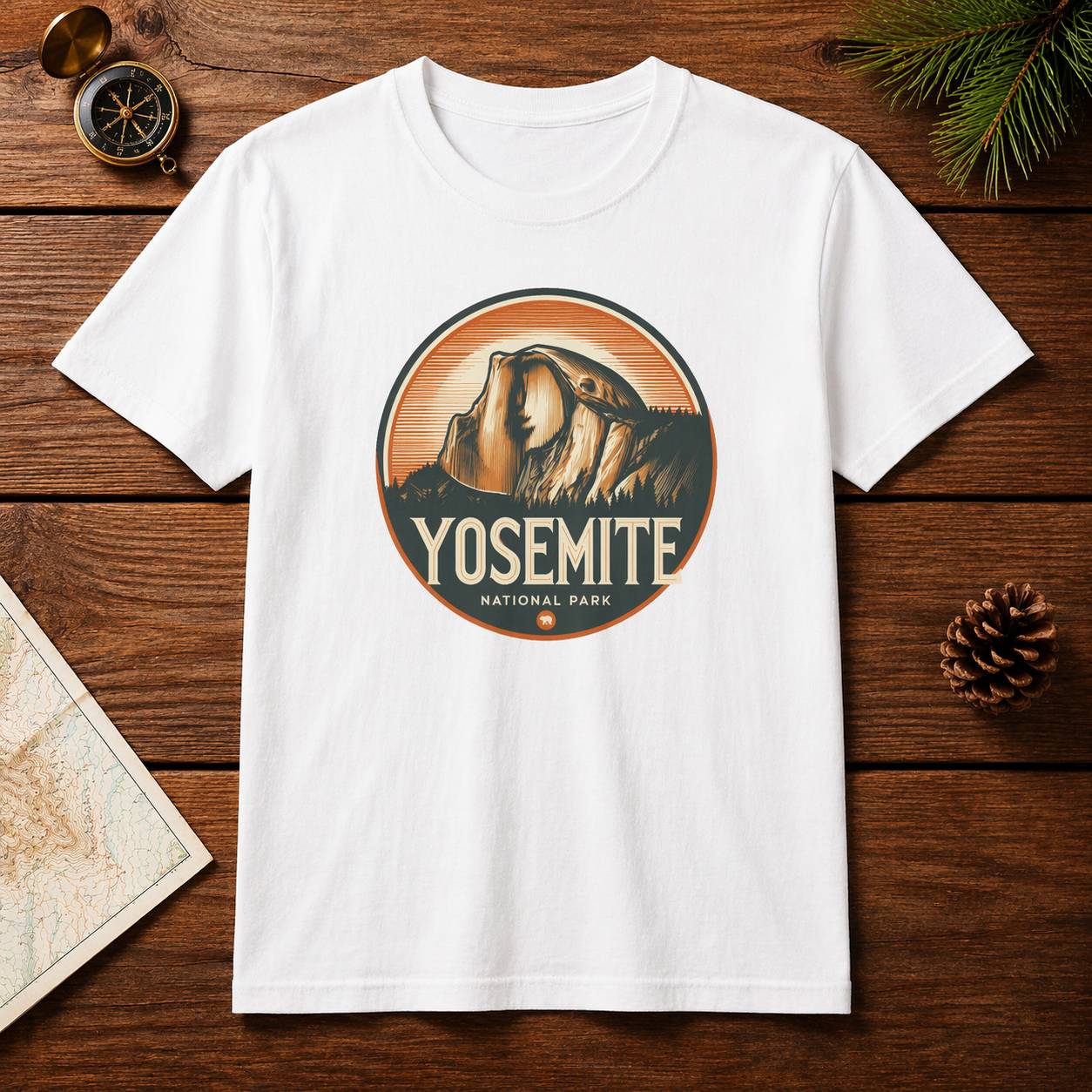 White t-shirt with Yosemite National Park graphic on a wooden surface