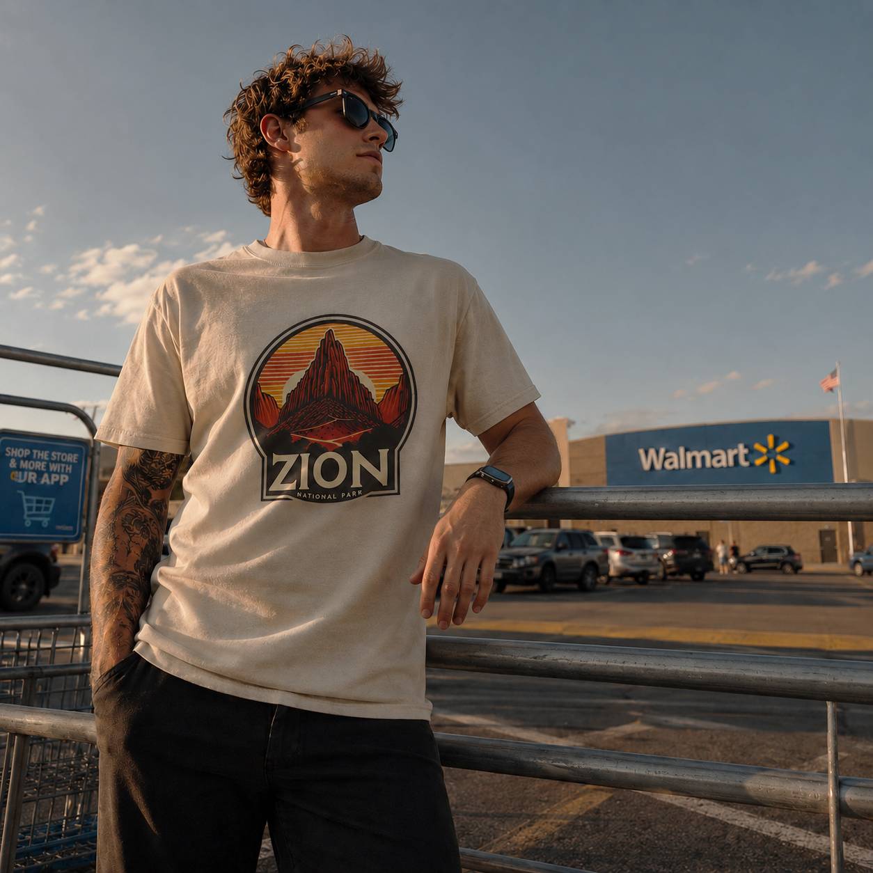 Man wearing a t-shirt with Zion National Park design in front of a Walmart store.