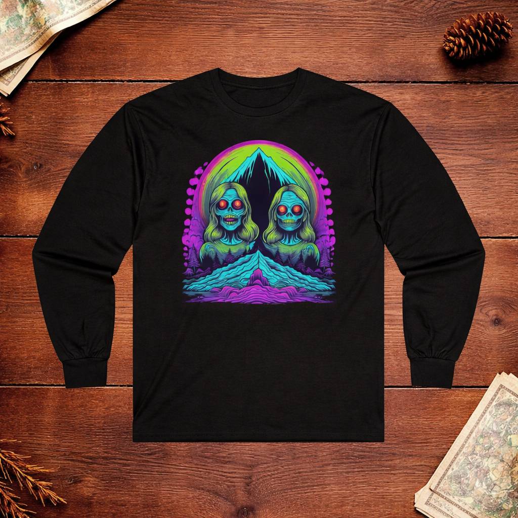 Black long-sleeve shirt with a colorful graphic design on a wooden surface