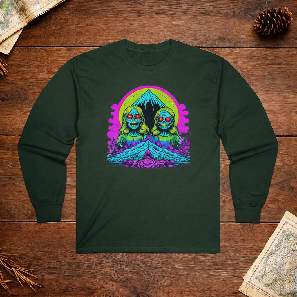 Green long-sleeve shirt with a colorful graphic design on a wooden surface