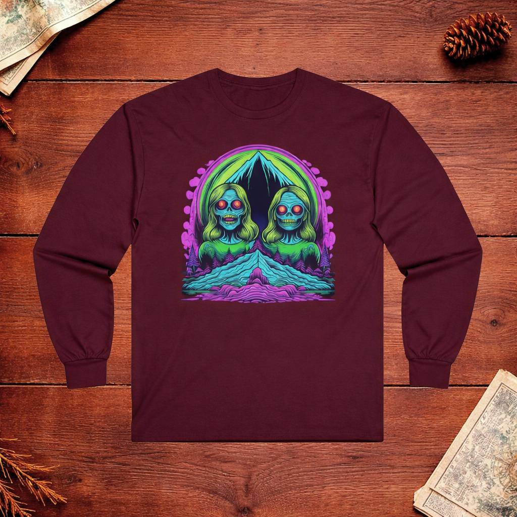 Maroon long-sleeve shirt with a colorful graphic design on a wooden surface.