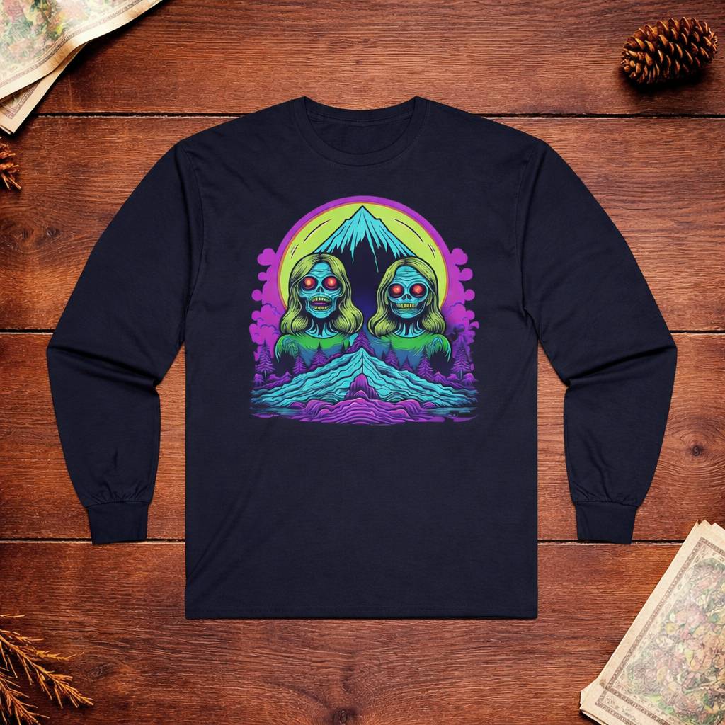 Black long-sleeve shirt with a colorful graphic design on a wooden surface