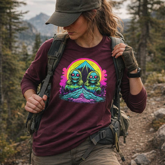 Person hiking in a forest wearing a t-shirt with a colorful graphic design.